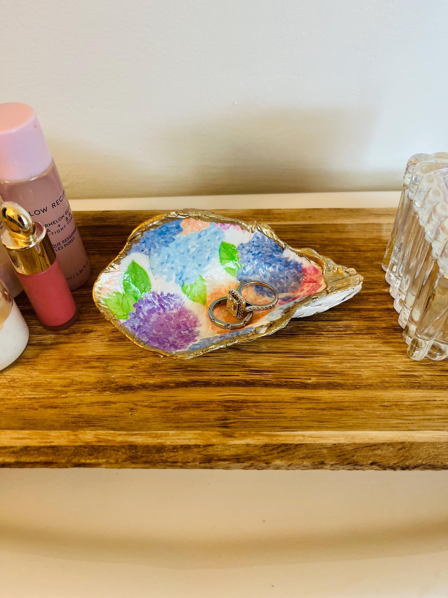 Hydrangea ACK hand painted Oyster Shell Trinket & Jewelry Dish