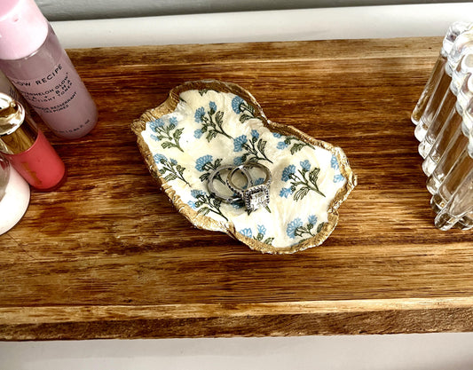 Blue Floral Oyster Shell Jewelry Dish