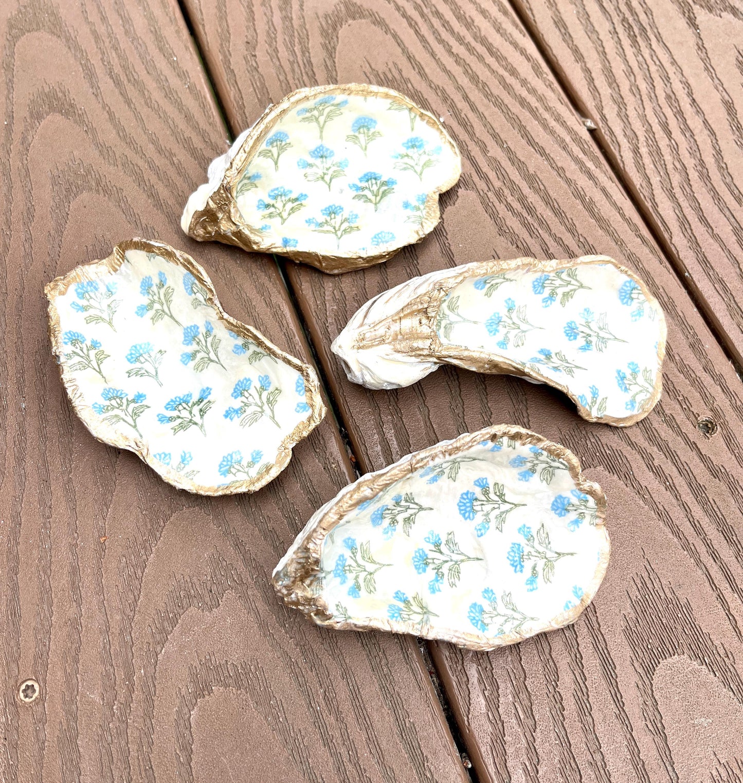 Blue Floral Oyster Shell Jewelry Dish