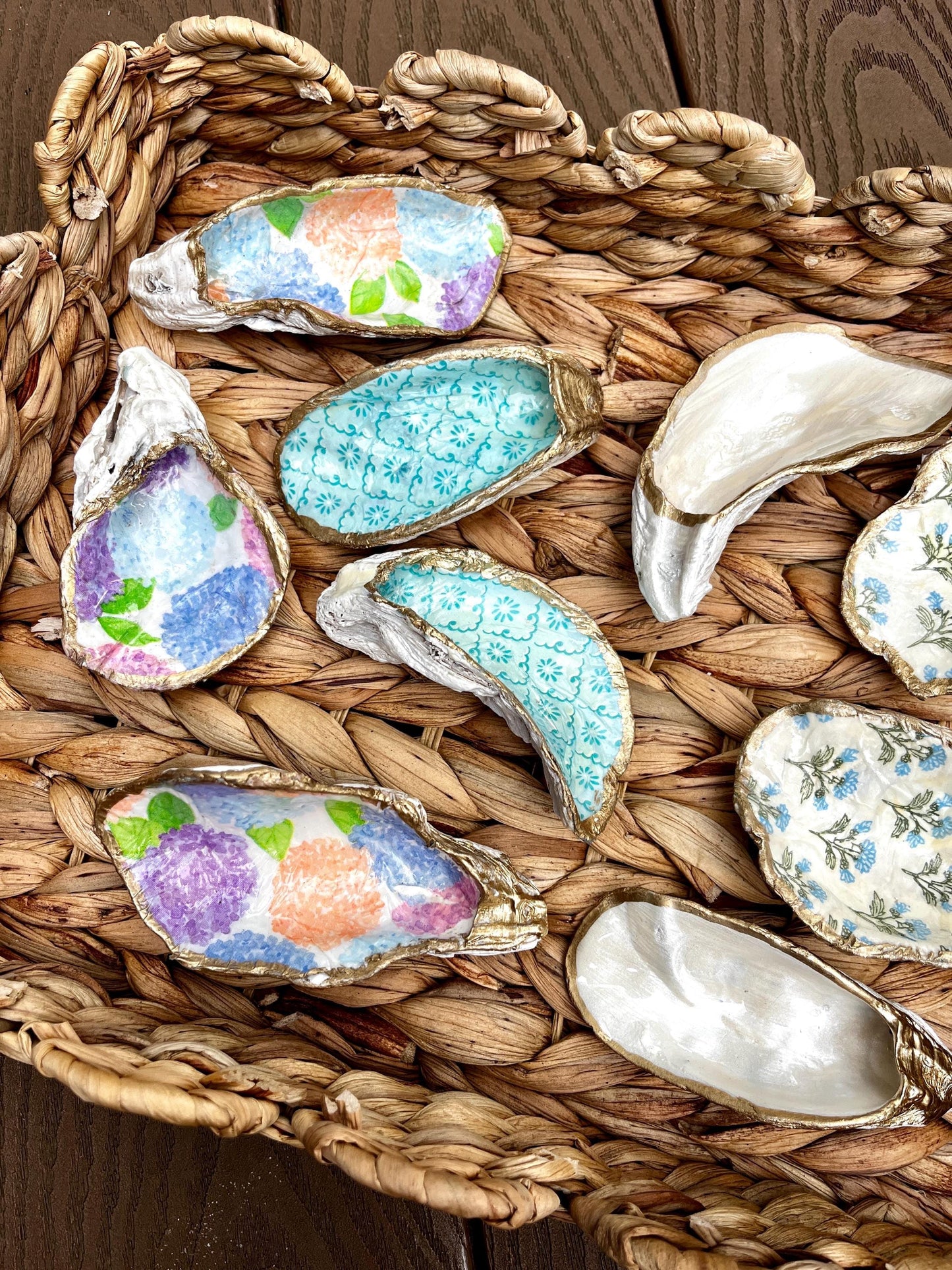 Hydrangea ACK hand painted Oyster Shell Trinket & Jewelry Dish