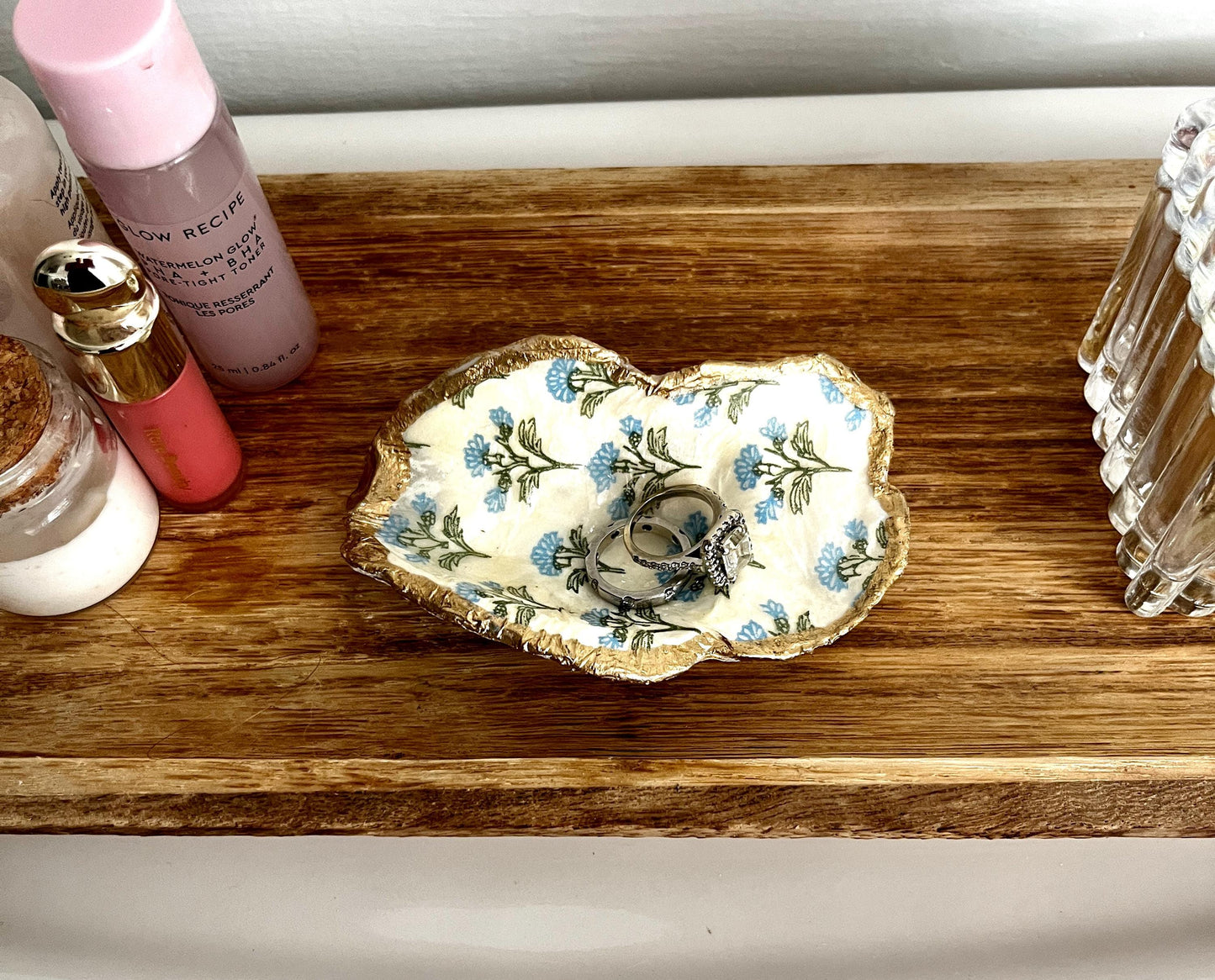 Blue Floral Oyster Shell Jewelry Dish