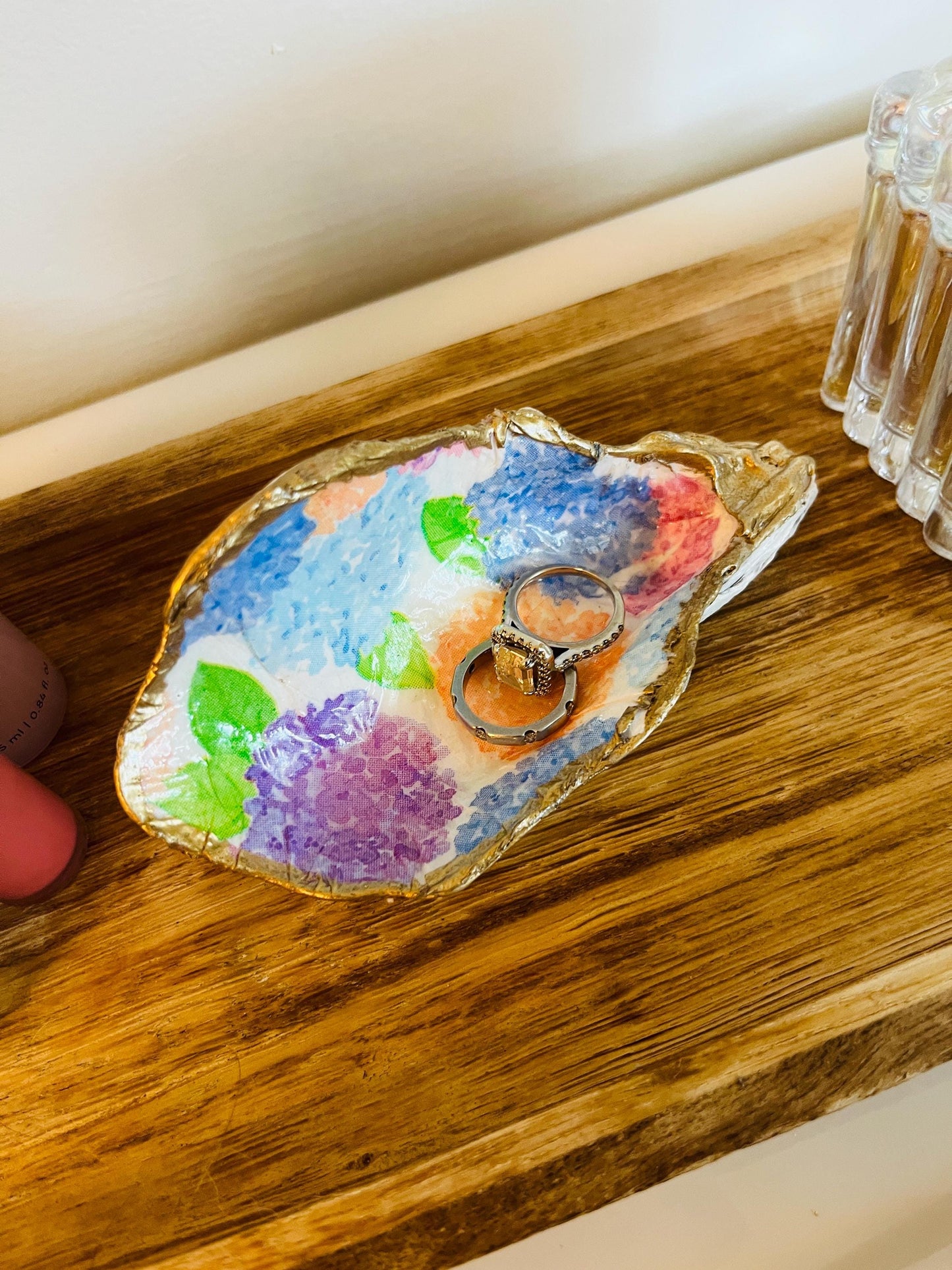 Hydrangea ACK hand painted Oyster Shell Trinket & Jewelry Dish