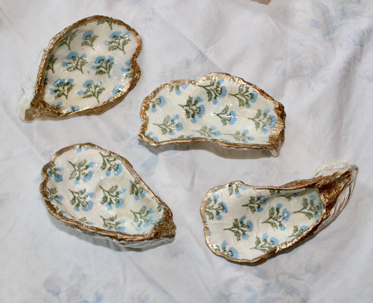 Blue Floral Oyster Shell Jewelry Dish