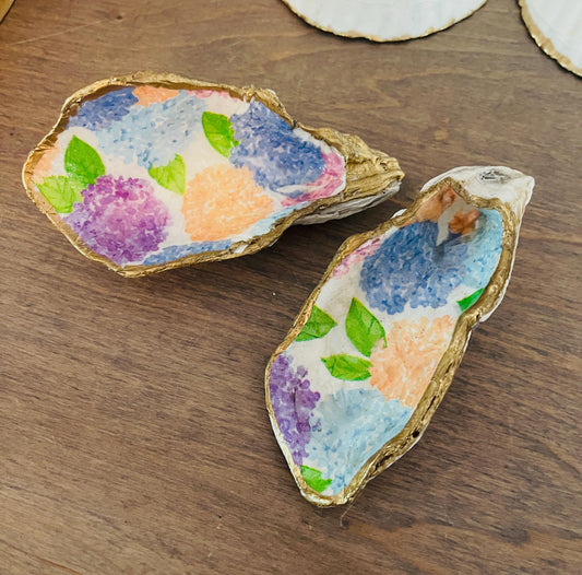 Hydrangea ACK hand painted Oyster Shell Trinket & Jewelry Dish