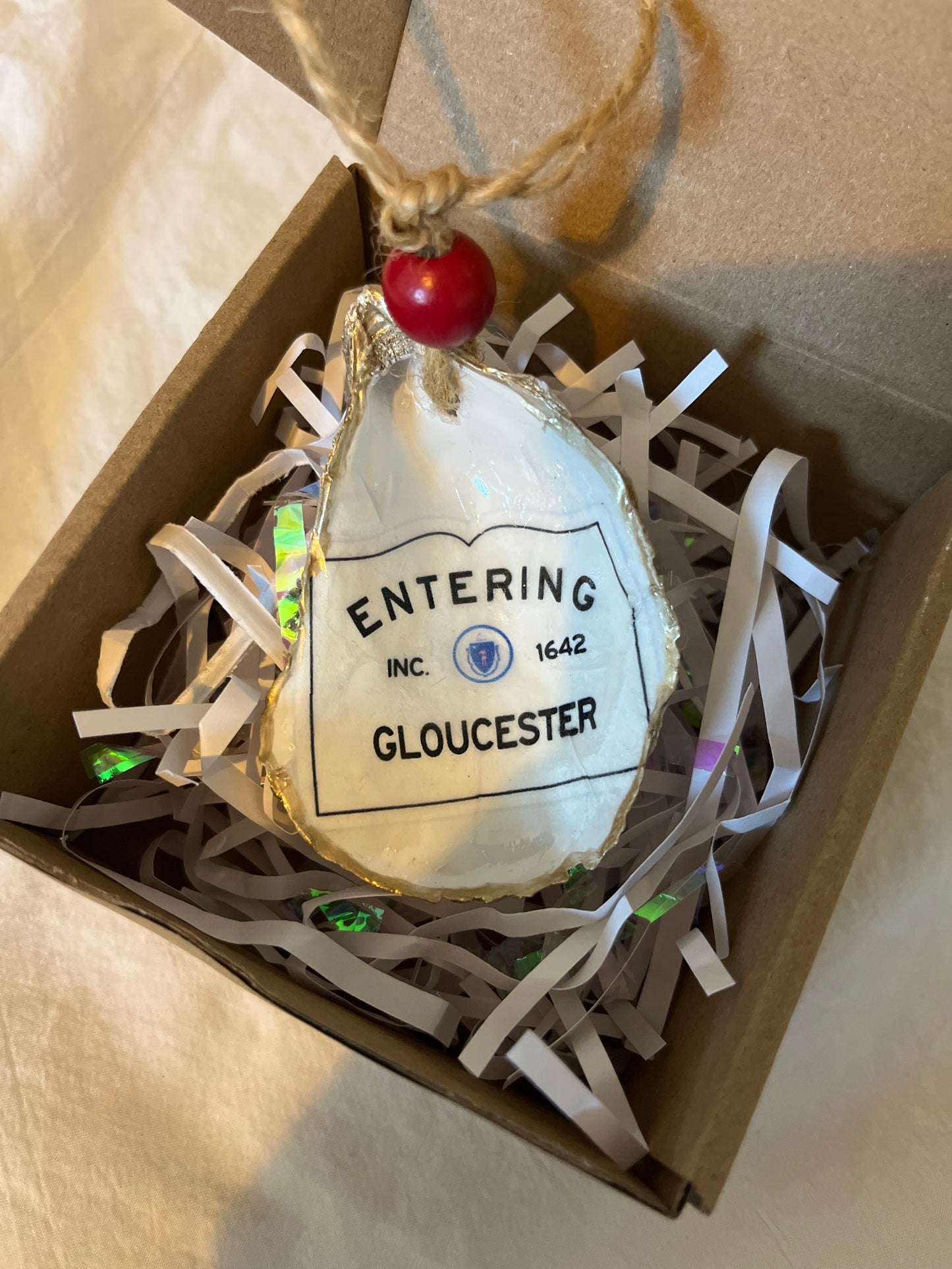 Entering Gloucester oyster shell ornament
