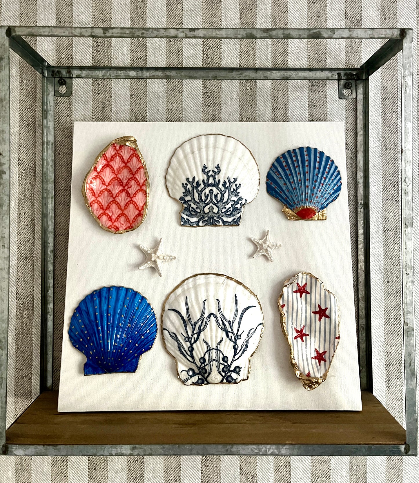 Coral & Navy Coastal Shell Canvas – 12” x 12” Original Artwork