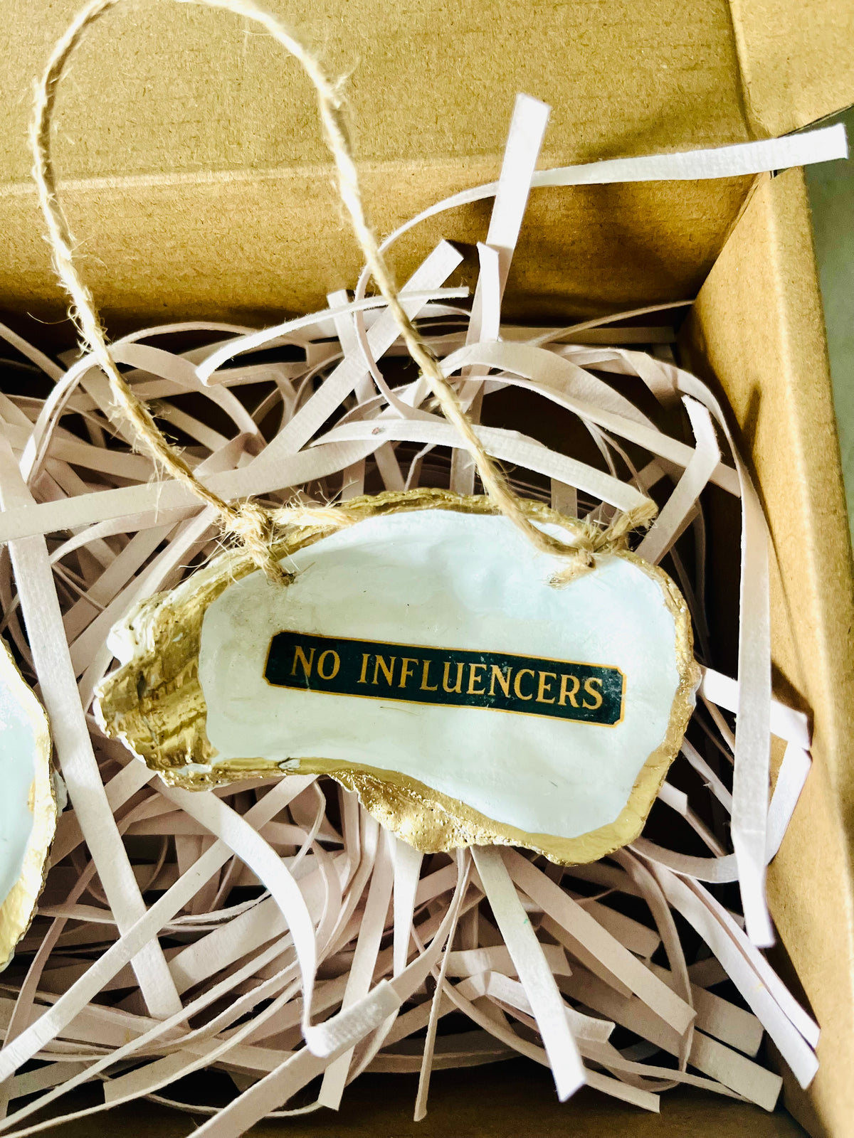 No Influencers hanging oyster shell, Nantucket ornament