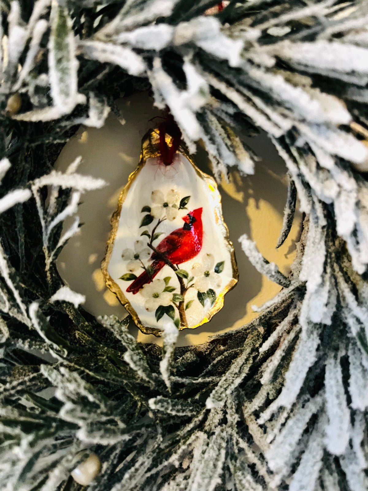 Petite Frosted Christmas Wreath with Cardinal Oyster Shell Ornament