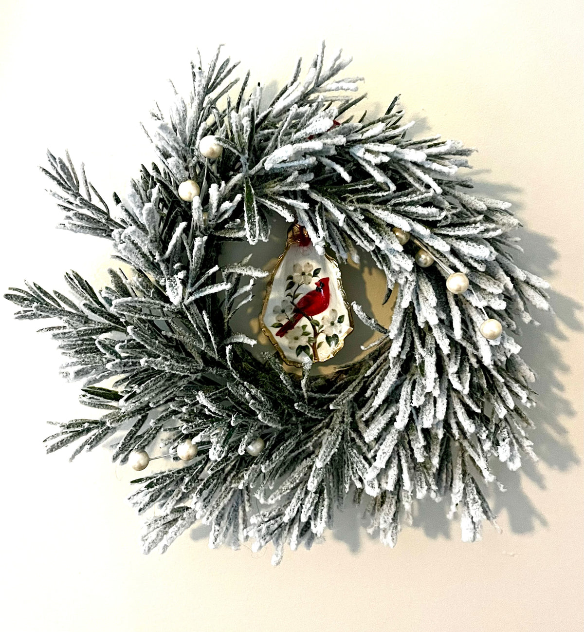 Petite Frosted Christmas Wreath with Cardinal Oyster Shell Ornament