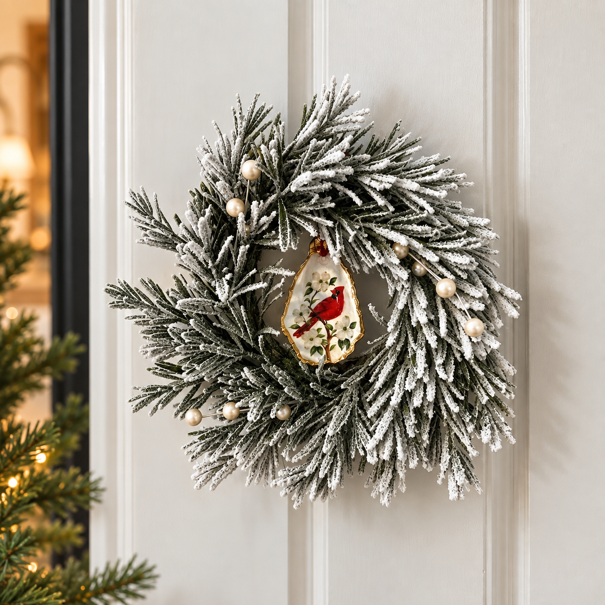 Petite Frosted Christmas Wreath with Cardinal Oyster Shell Ornament