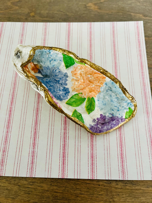Hydrangea ACK hand painted Oyster Shell Trinket & Jewelry Dish